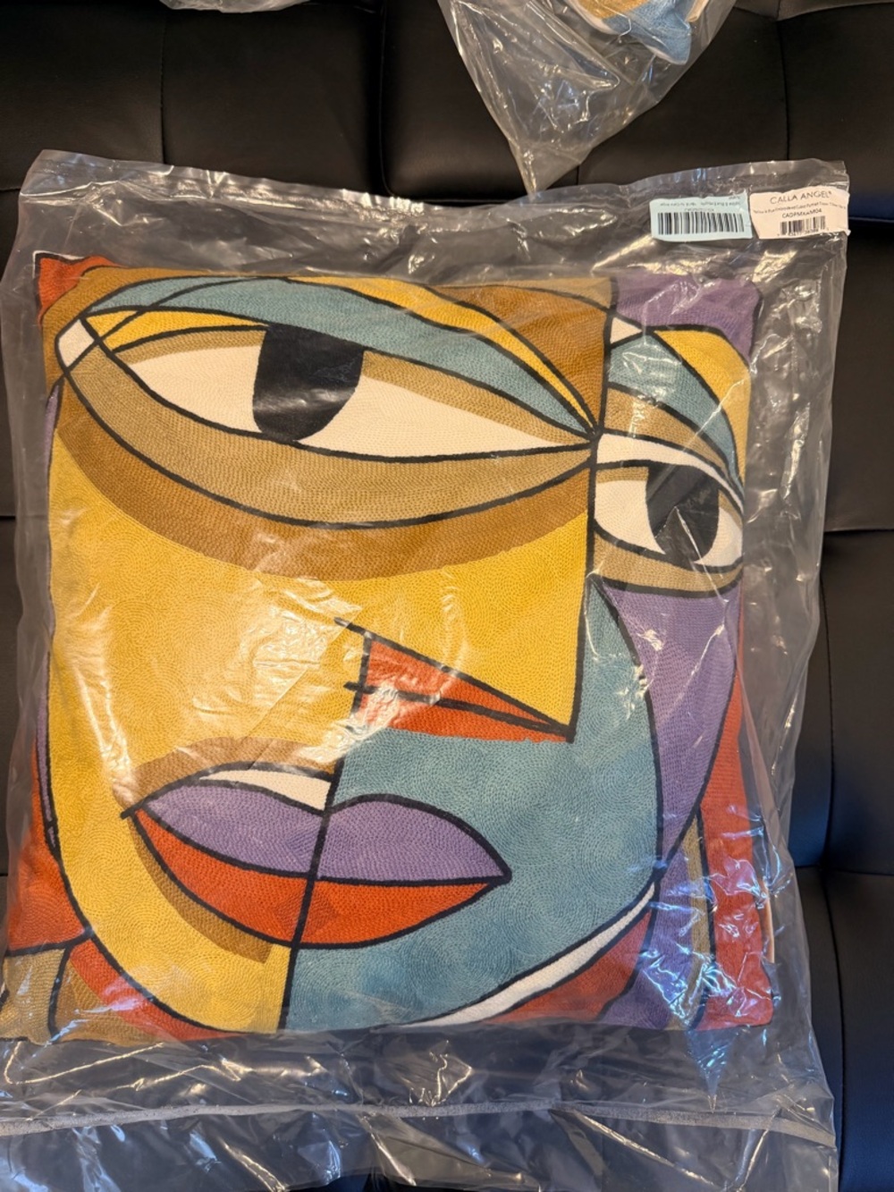 Yellow & Blue Embroidered Cubist Portrait Throv: Pillow 18x18